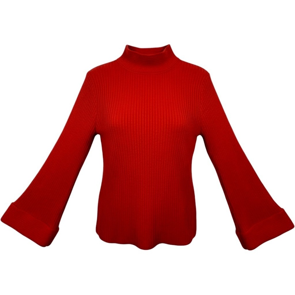 GAS Sweater Women M Red The Great American Sweater Mock Neck Ribbed Bell Sleeve